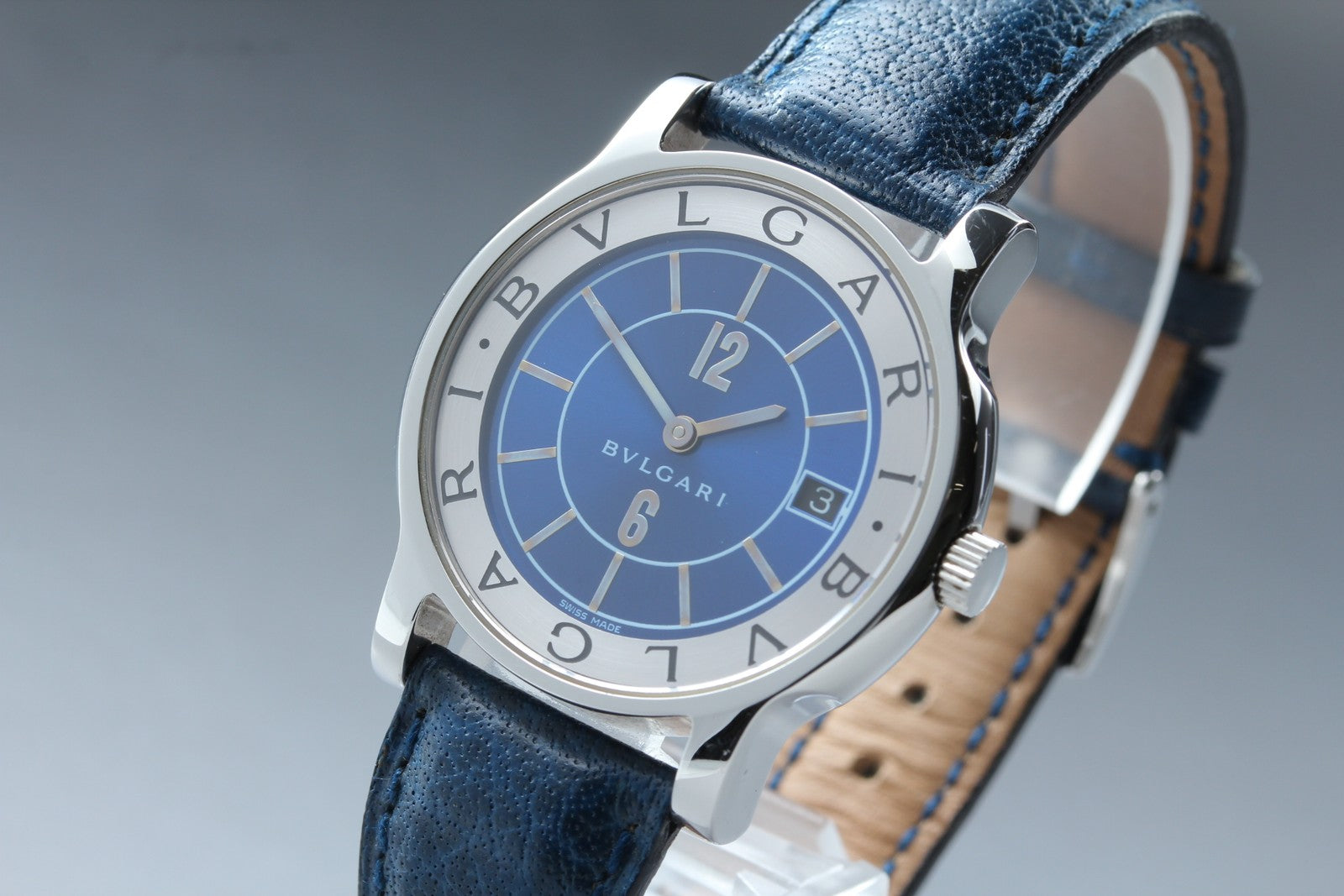 New Batt BVLGARI SOLOTEMPO ST35S Quartz Blue Men's Watch 35mm JAPAN Exc+5*Box
