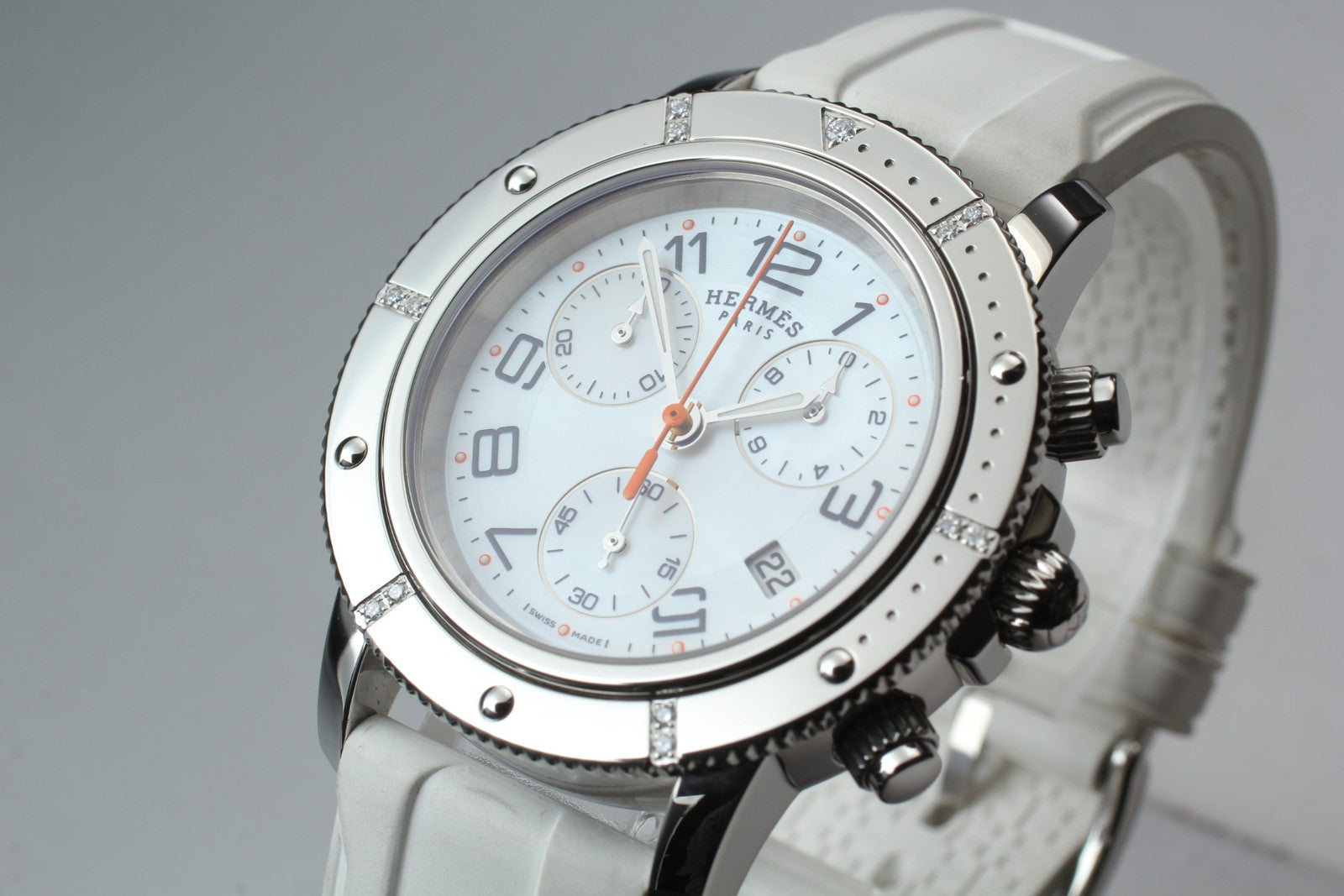 New Batt HERMES Clipper CP2.430 Quartz White Chronograph Men’s Watch 36mm JP Box