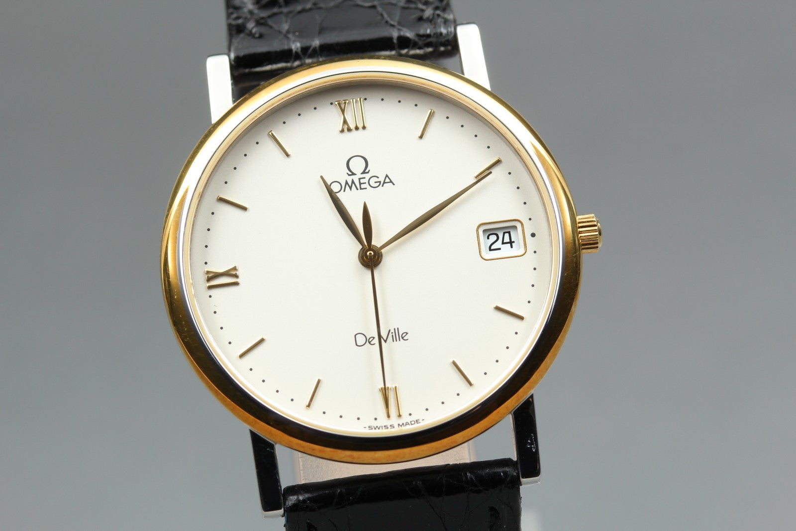 New Batt OMEGA De Ville Cal.1532 Quartz Gold Date Men's Watch 32mm JP Exc+5*Box