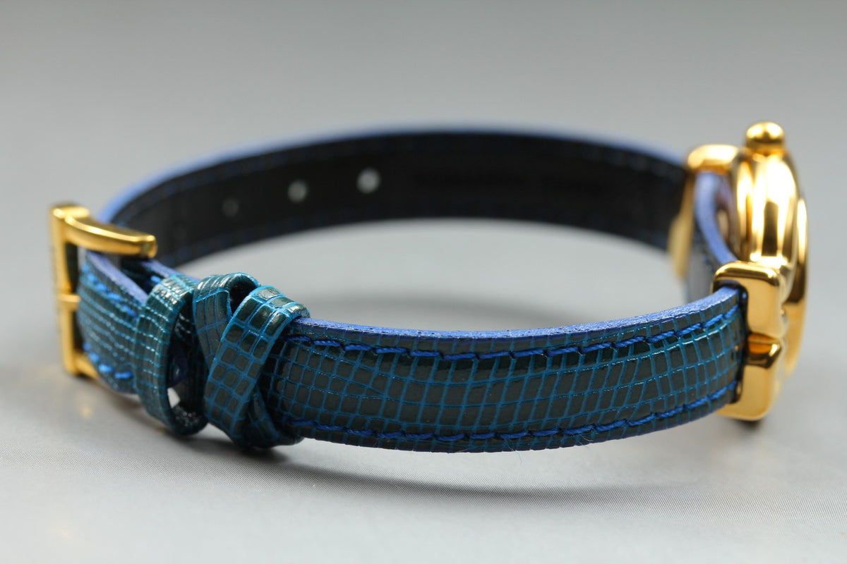 FENDI 640L Chameleon Blue Leather Belt Gold 24mm Women's Quartz Watch Vintage