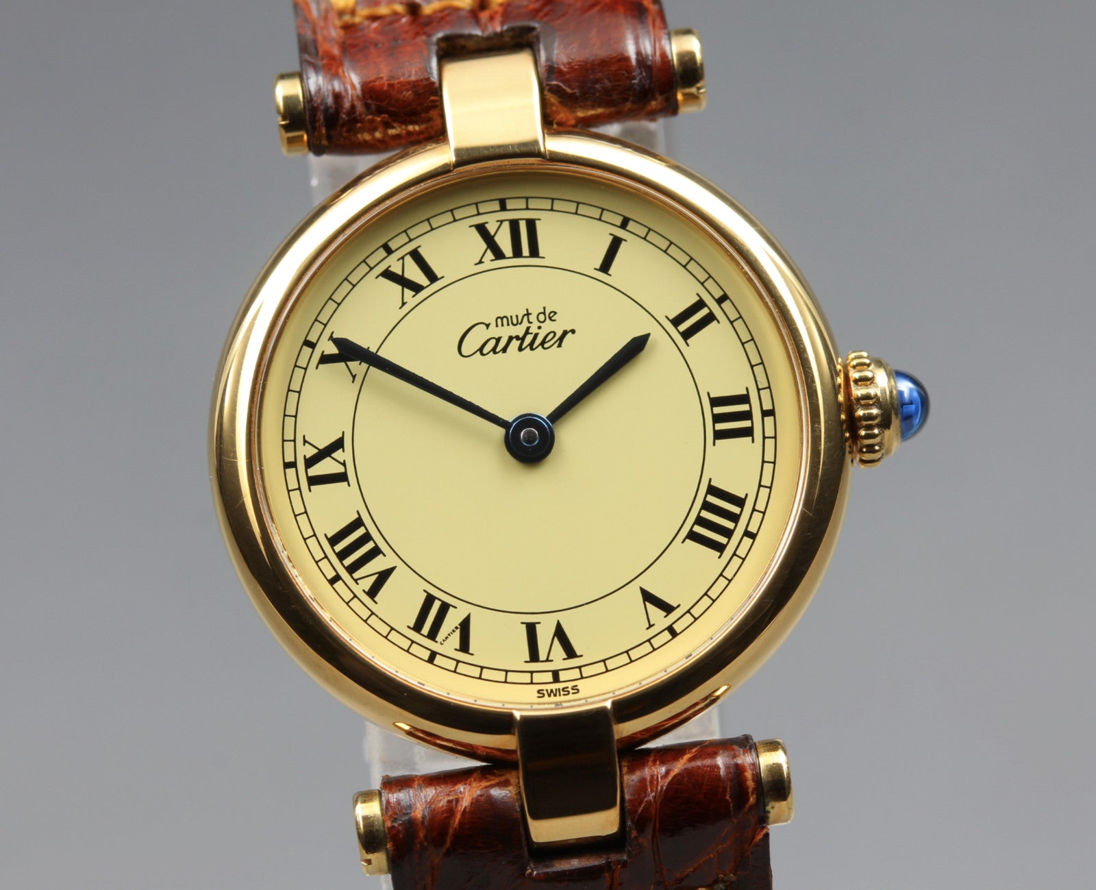 Vintage Cartier Must Vendome Vermeil 590004 Gold 23mm Brown Women's Qz Watch
