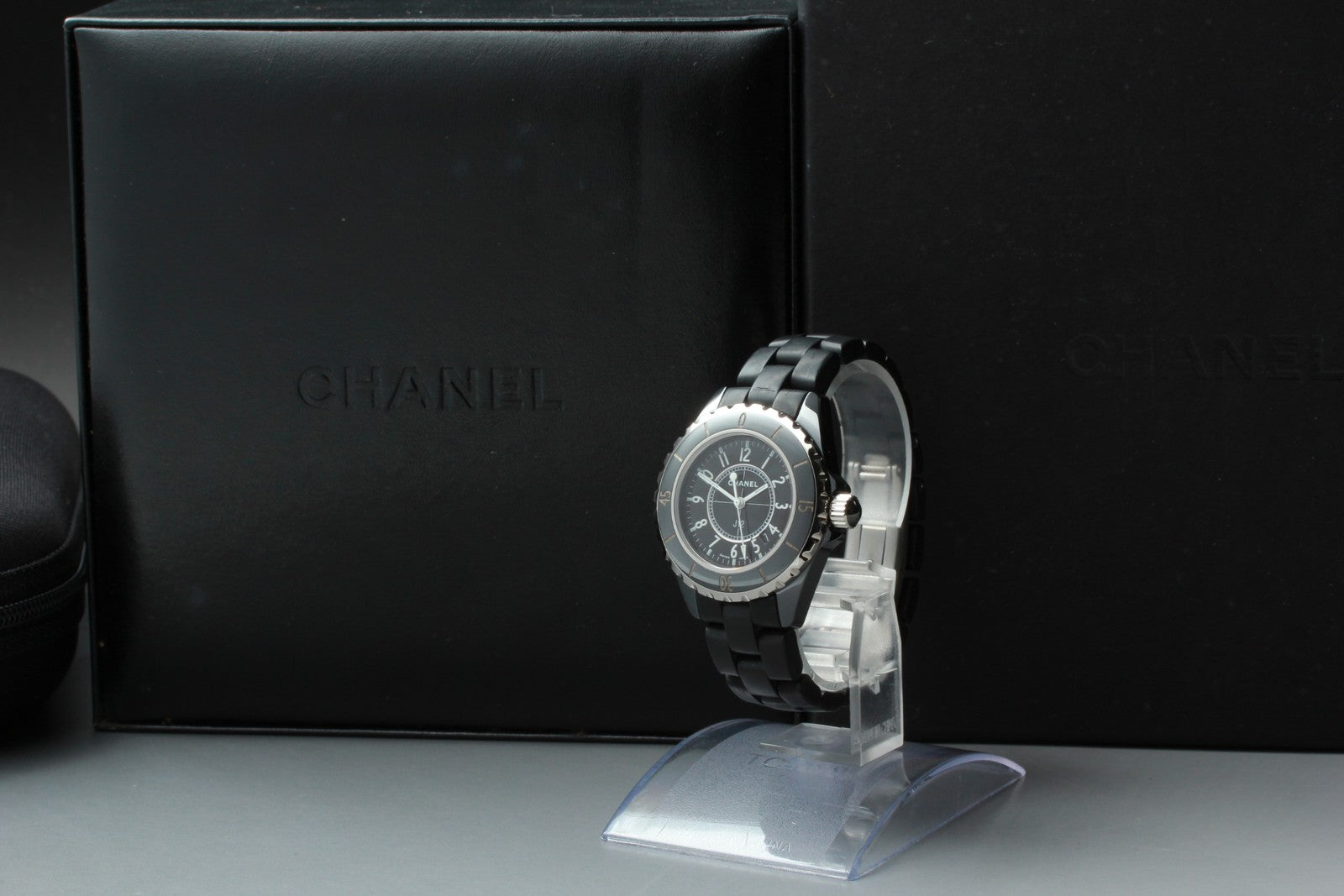 Overhauled Exc+5 Box CHANEL J12 H0681 Black Ceramic Rubber 33mm Qz Women’s Watch