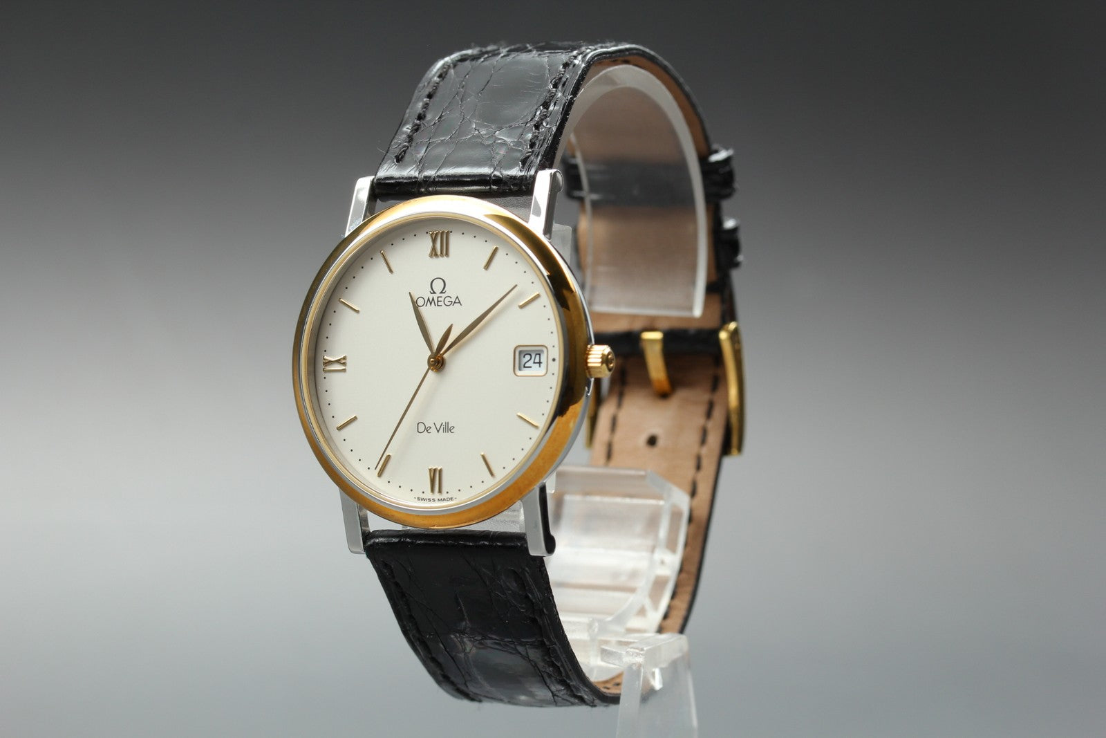 New Batt OMEGA De Ville Cal.1532 Quartz Gold Date Men's Watch 32mm JP Exc+5*Box