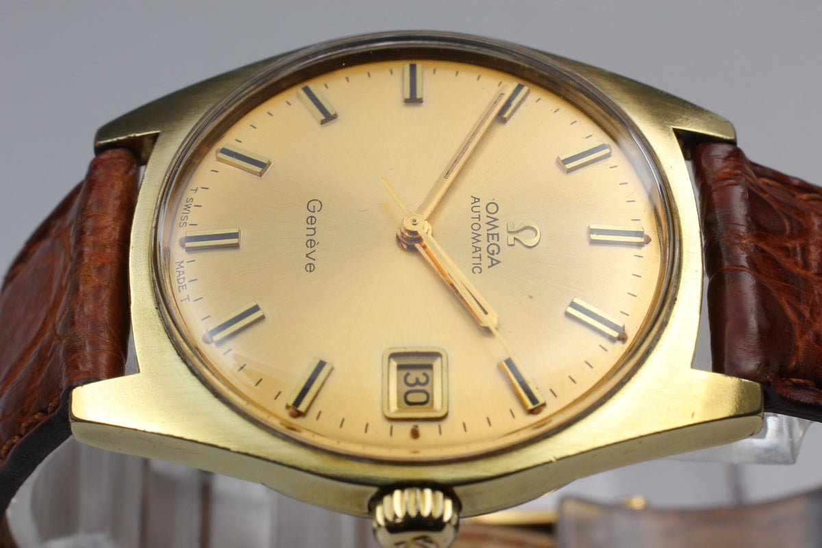 OMEGA Geneve 166.041 Cal.565 Date Gold Brown 34mm Automatic Men's Watch Vintage