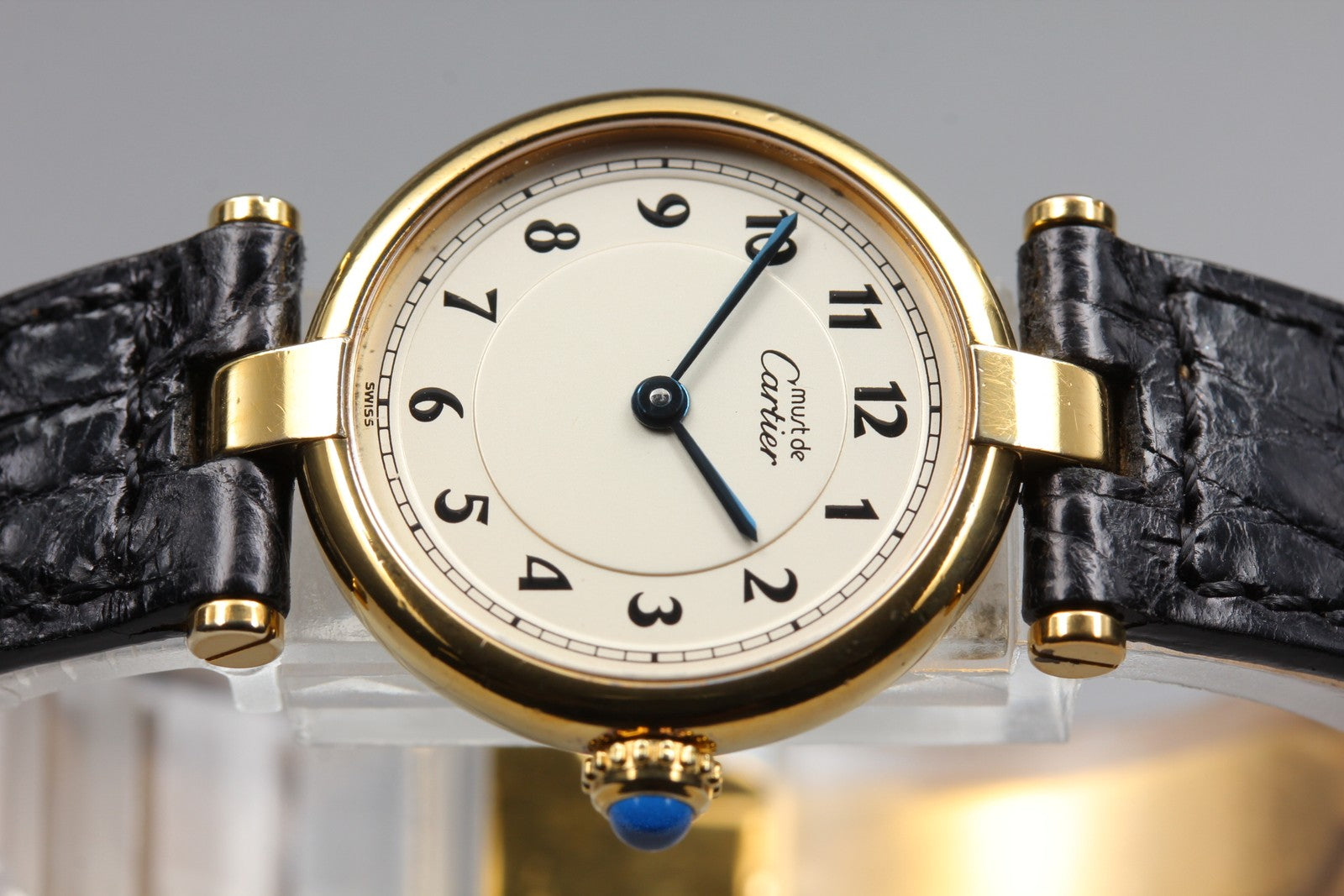 Vintage Cartier Must Vendome Vermeil 590004 Gold Black 24mm Women's Qz Watch