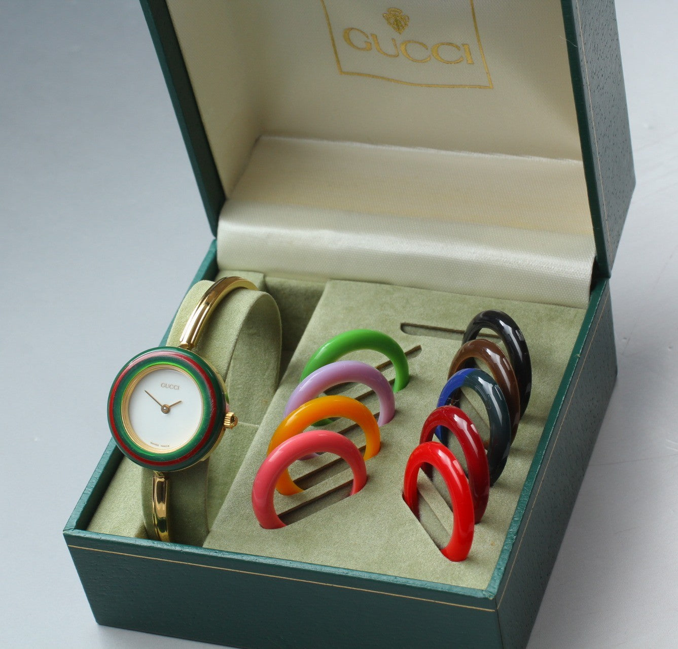 Gucci Change Bezel 11/12.2 10 Colors Gold Bangle Women's Qz Watch Vintage Box