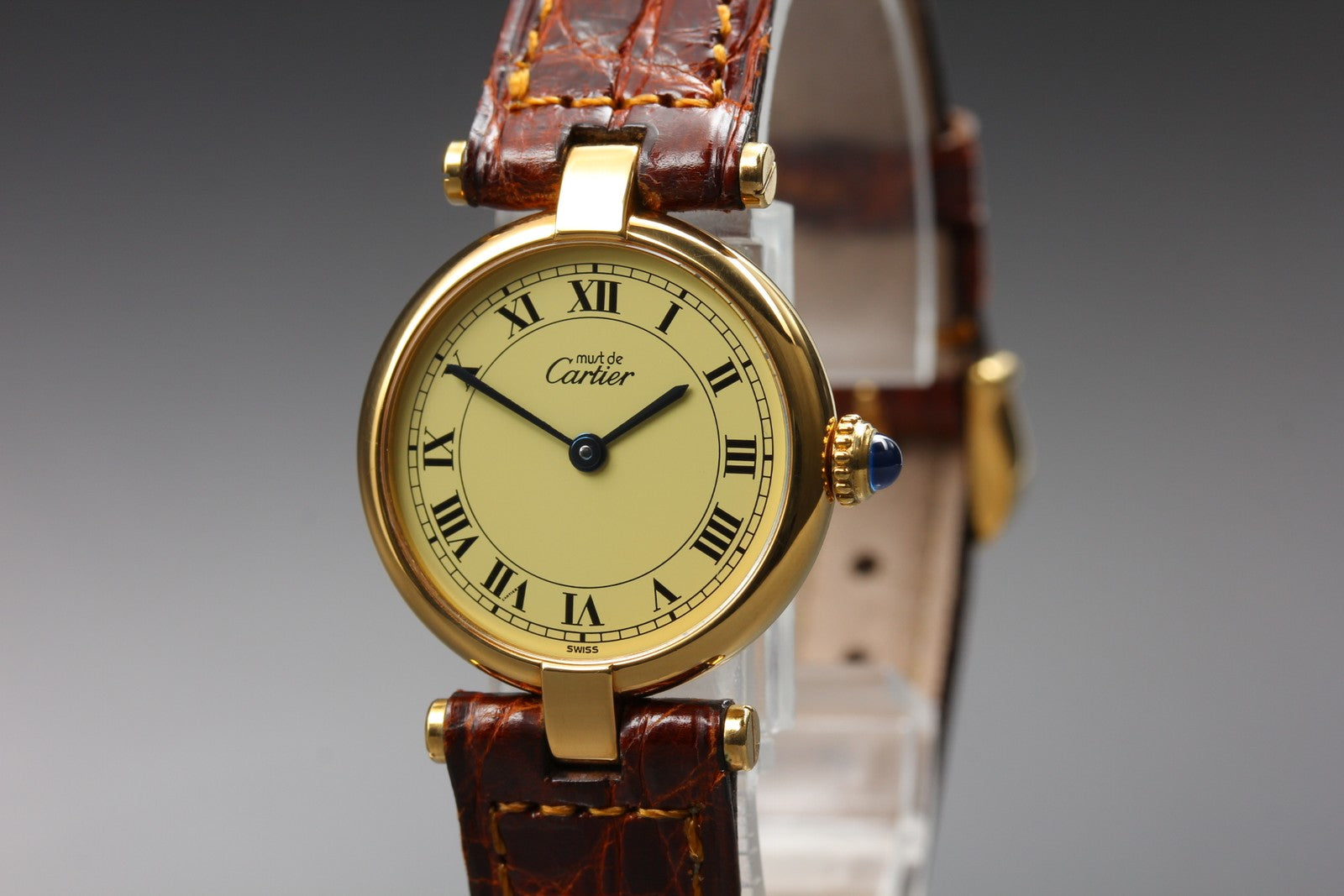 Vintage Cartier Must Vendome Vermeil 590004 Gold 23mm Brown Women's Qz Watch