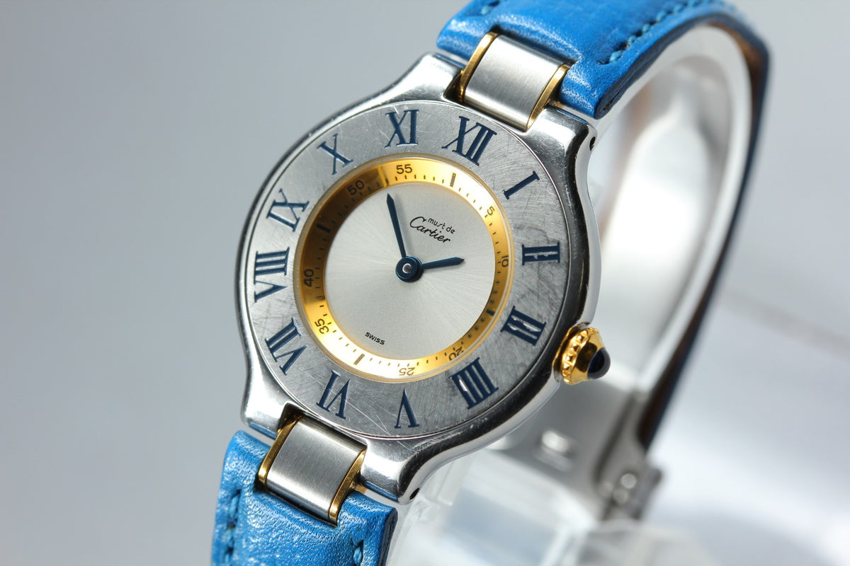 Cartier Must de Cartier 21 1340 Blue Silver 27mm Women's Qz Watch Vintage Pouch