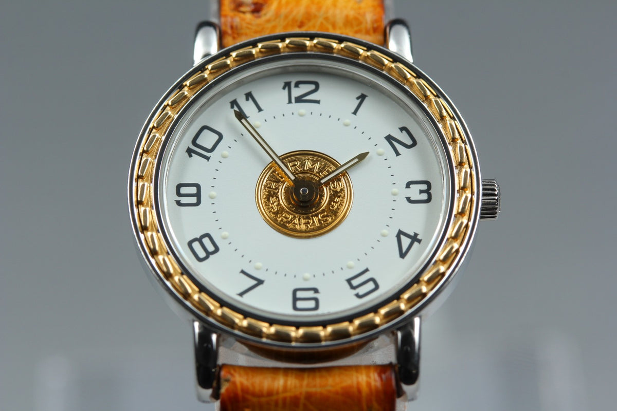 HERMES Sellier SE4.220 White Dial Brown 24mm Woman's Quartz Watch Vintage