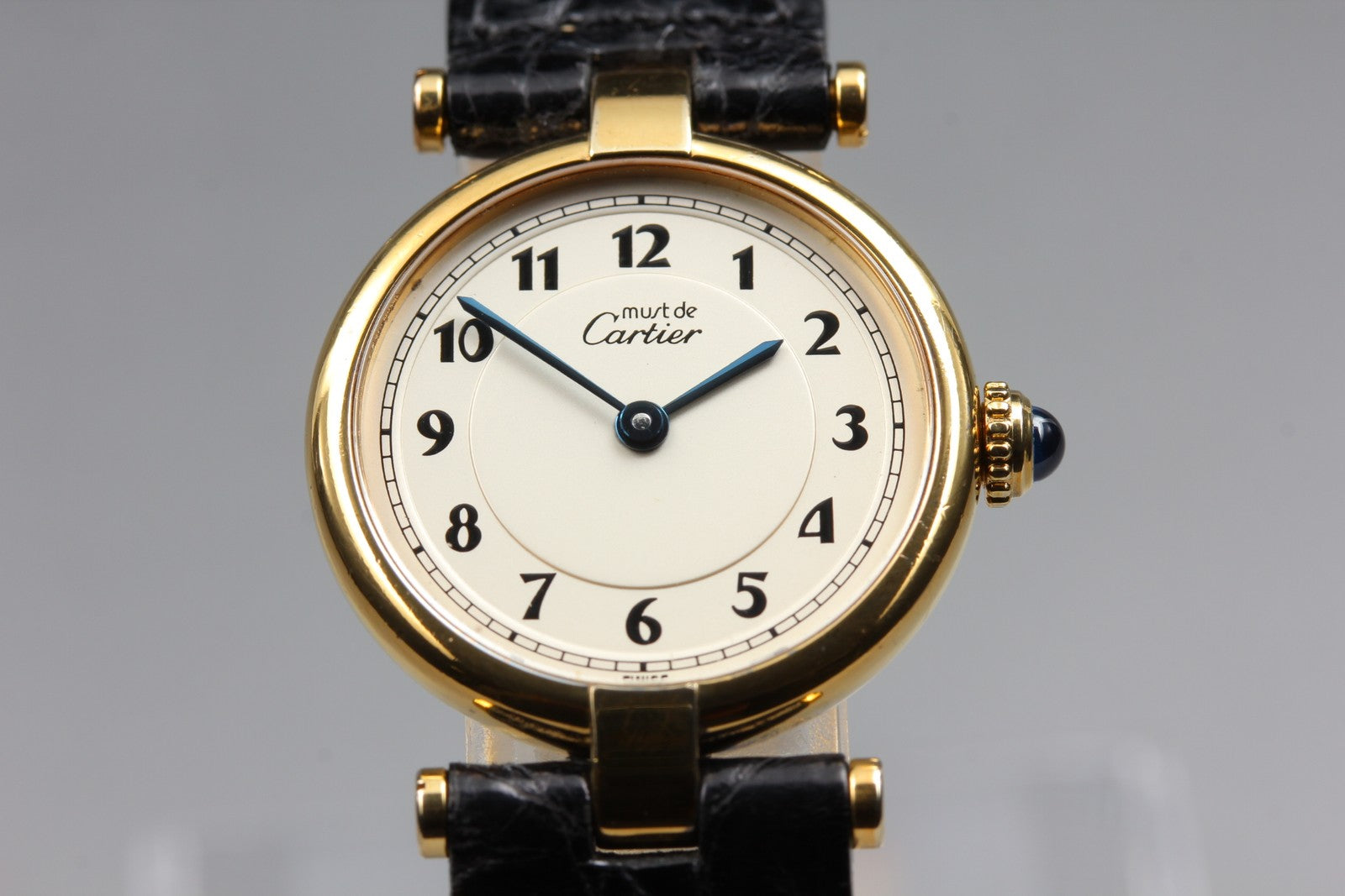 Vintage Cartier Must Vendome Vermeil 590004 Gold Black 24mm Women's Qz Watch