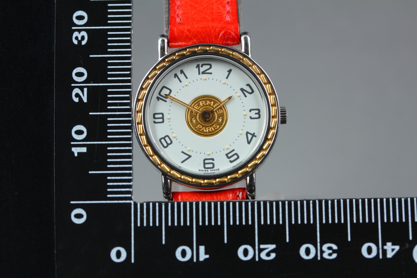 Vintage HERMES Sellier White Dial Red "T" 24mm Woman's Quartz Watch