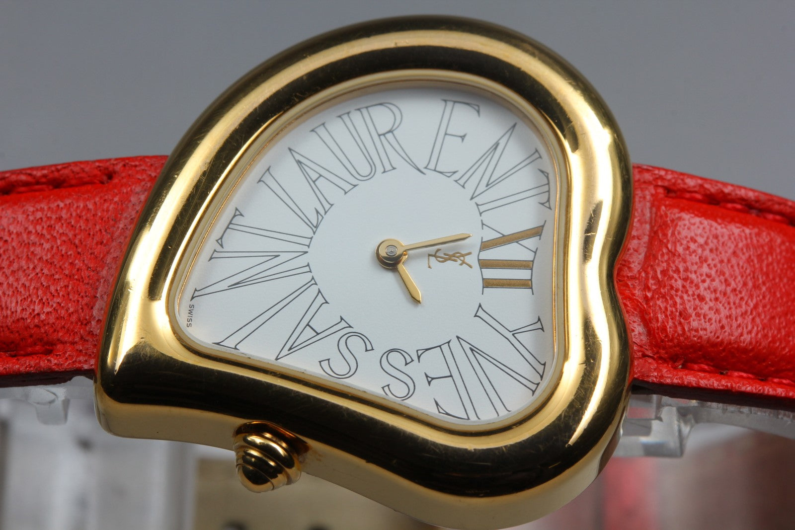 Yves Saint Laurent Heart Gold Red Leather 30mm Women's Watch Quartz Vintage
