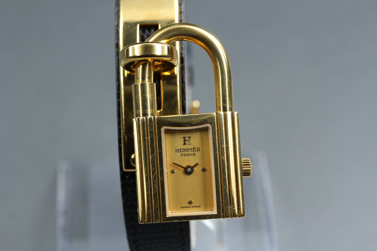 HERMES Kelly Watch Gold Black Leather "=" Woman's Quartz Watch Vintage