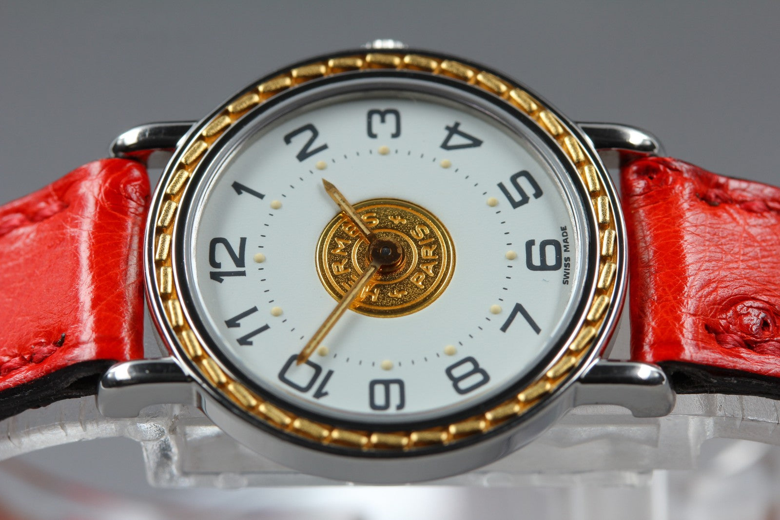 Vintage HERMES Sellier White Dial Red "T" 24mm Woman's Quartz Watch