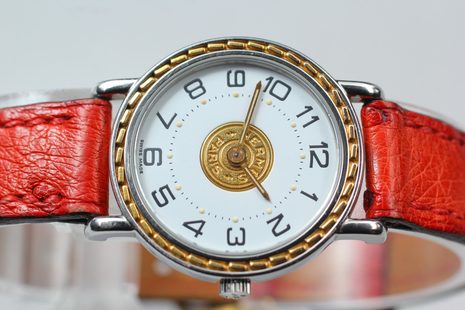 Vintage HERMES Sellier White Dial Red "T" 24mm Woman's Quartz Watch