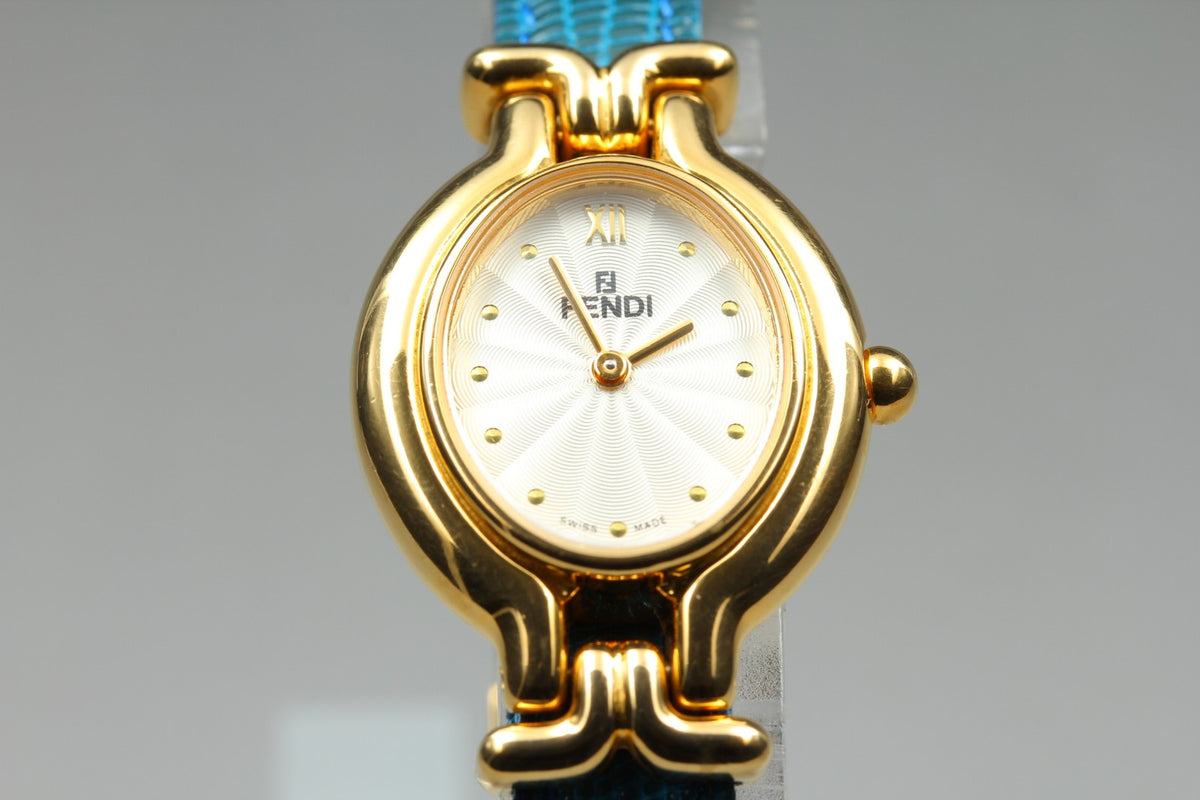 FENDI 640L Chameleon Blue Leather Belt Gold 24mm Women's Quartz Watch Vintage