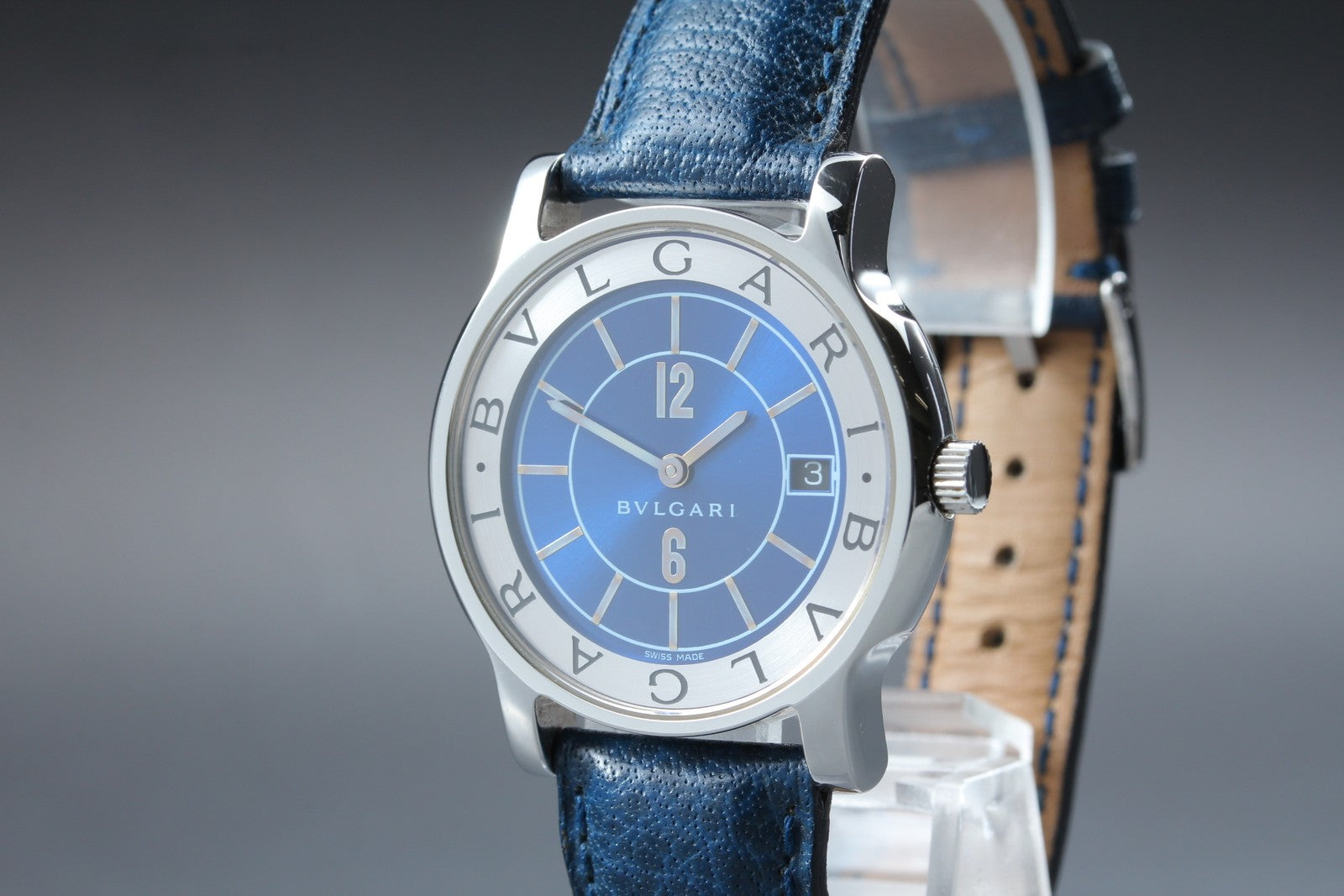 New Batt BVLGARI SOLOTEMPO ST35S Quartz Blue Men's Watch 35mm JAPAN Exc+5*Box