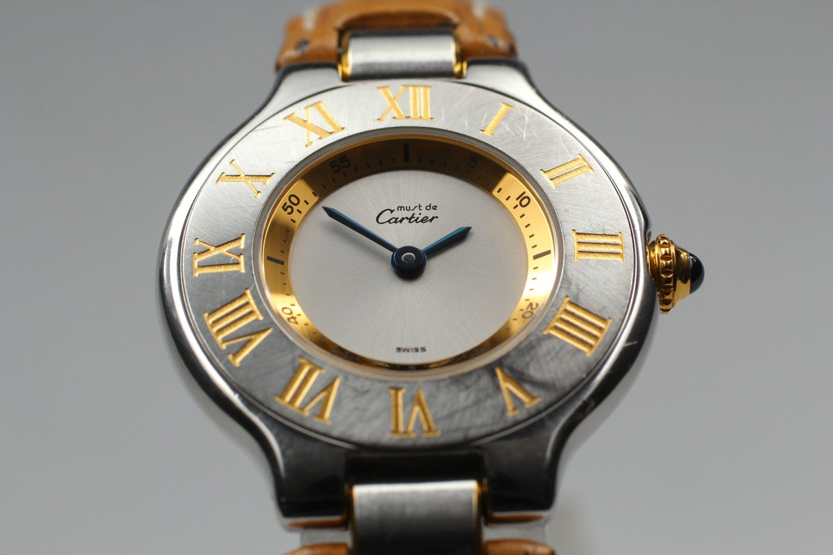 Vintage Cartier Must De 21 1340 Silver Quartz Women's Watch 27mm JAPAN Box