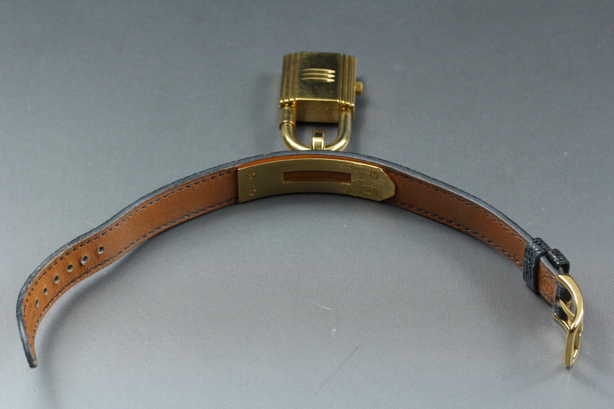 HERMES Kelly Watch Gold Black Leather "=" Woman's Quartz Watch Vintage