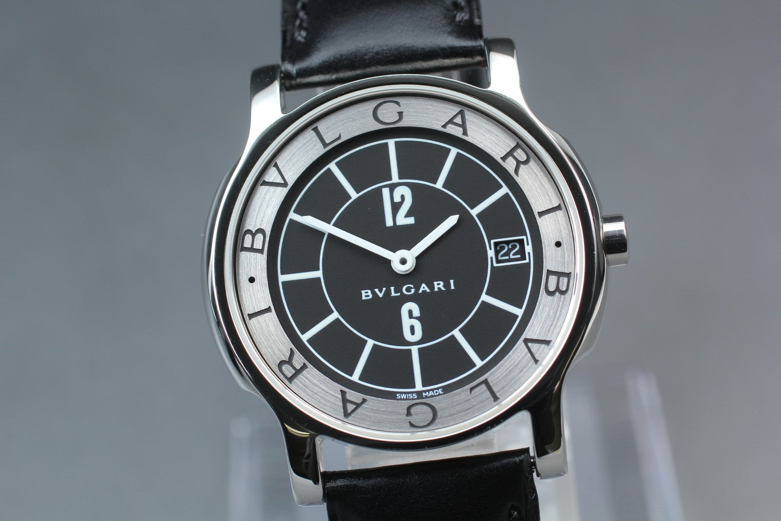 New Batt BVLGARI Solotempo ST35S Quartz Black Dial Date Men's Watch 35mm *N MINT