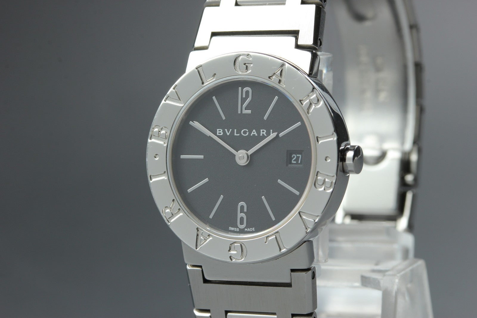 New Batt BVLGARI BB26SS Black Dial Quartz Date Women's Watch 26mm Used JAPAN