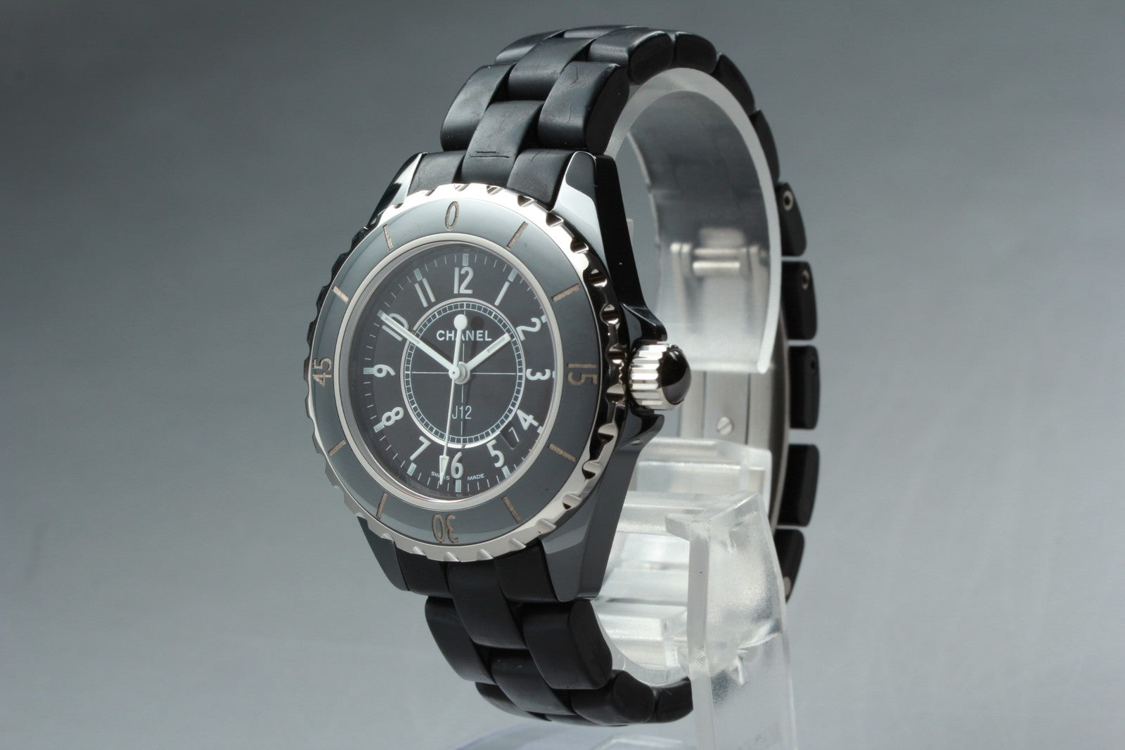 Overhauled Exc+5 Box CHANEL J12 H0681 Black Ceramic Rubber 33mm Qz Women’s Watch