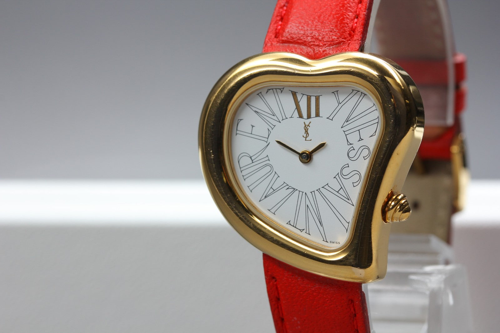 Yves Saint Laurent Heart Gold Red Leather 30mm Women's Watch Quartz Vintage