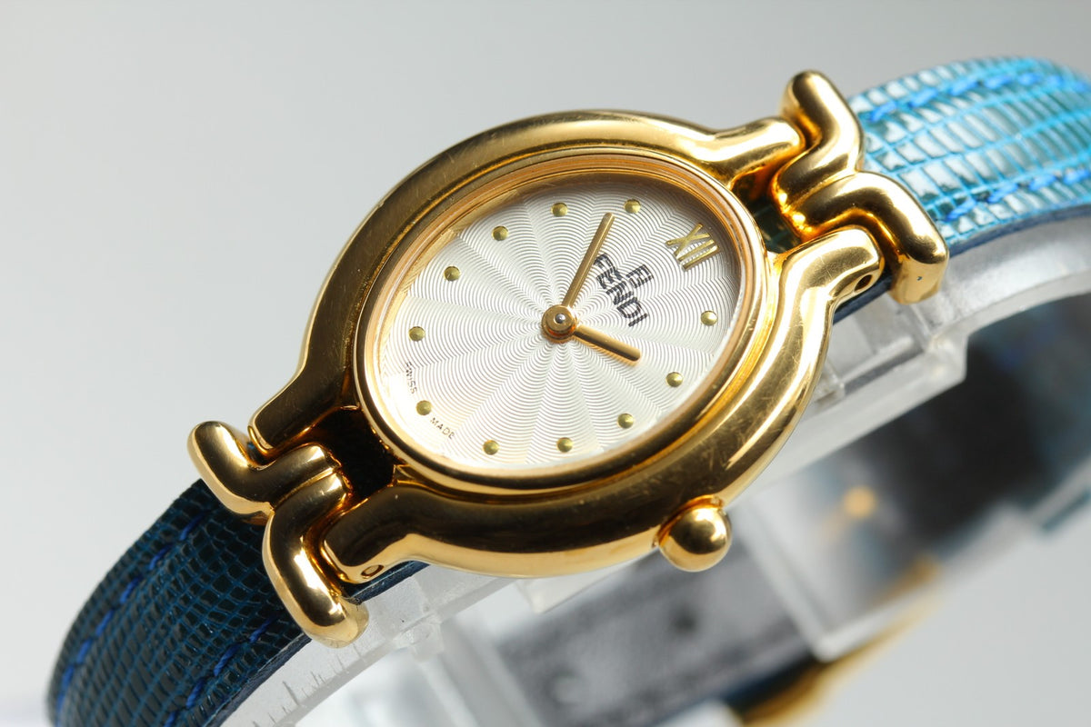FENDI 640L Chameleon Blue Leather Belt Gold 24mm Women's Quartz Watch Vintage