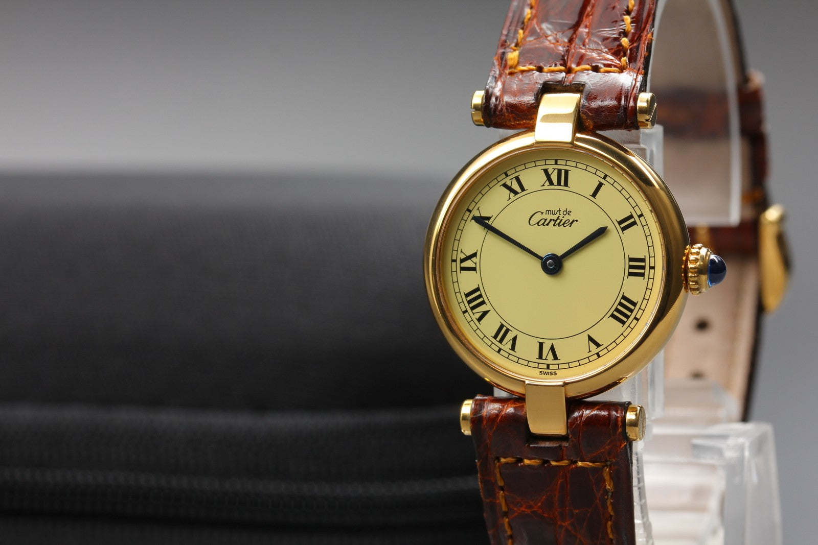 Vintage Cartier Must Vendome Vermeil 590004 Gold 23mm Brown Women's Qz Watch