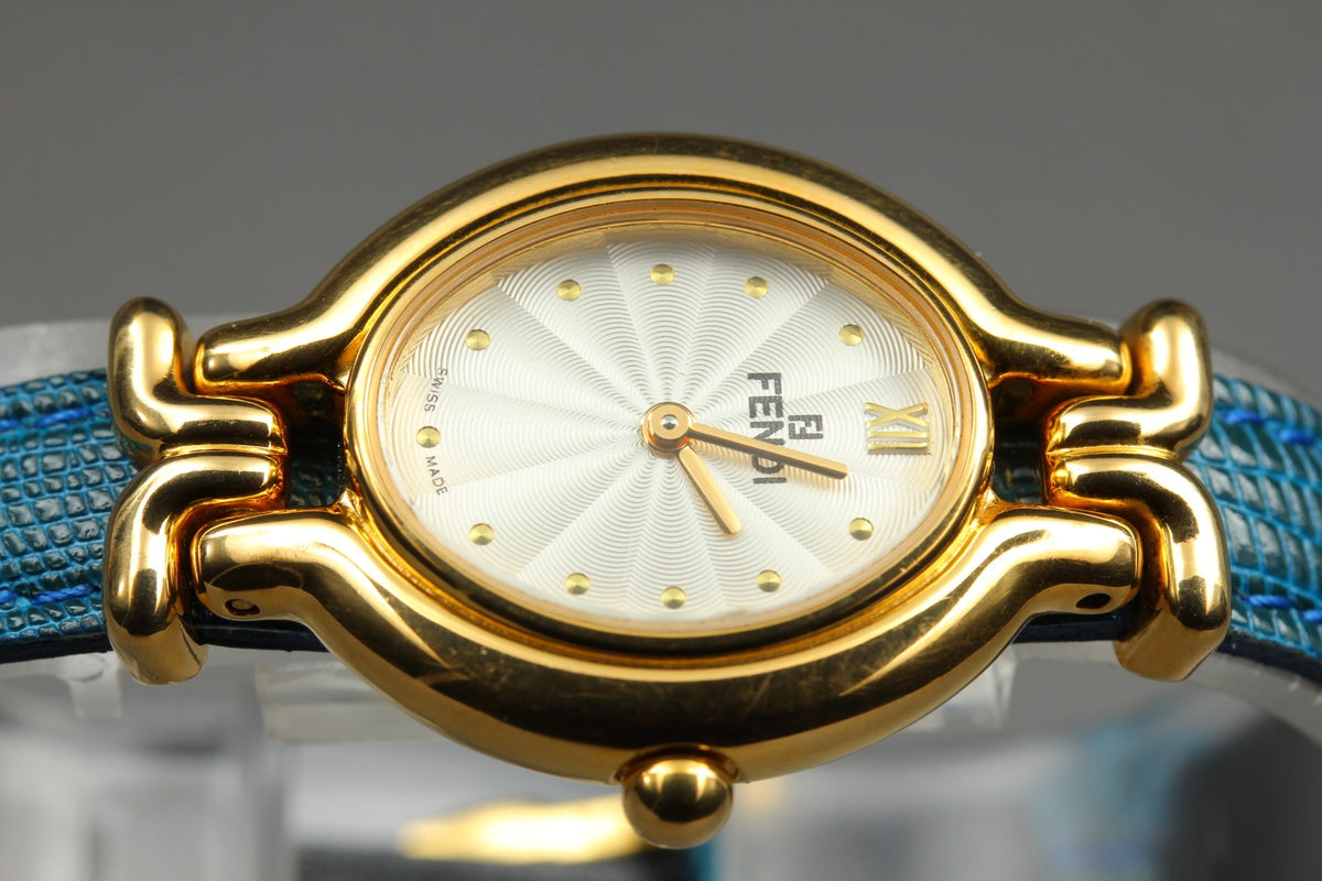 FENDI 640L Chameleon Blue Leather Belt Gold 24mm Women's Quartz Watch Vintage