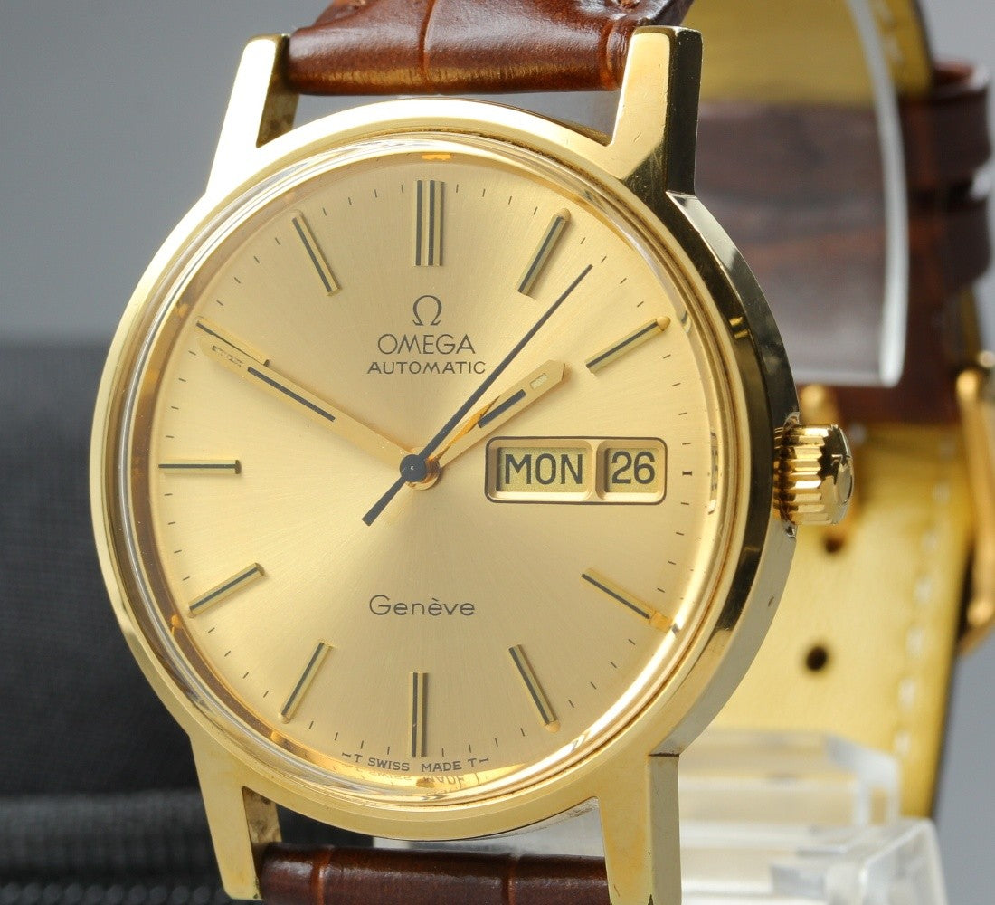 OMEGA Geneve Day-Date 166.0117 Cal.1022 Gold Brown 34mm AT Men's Watch Vintage