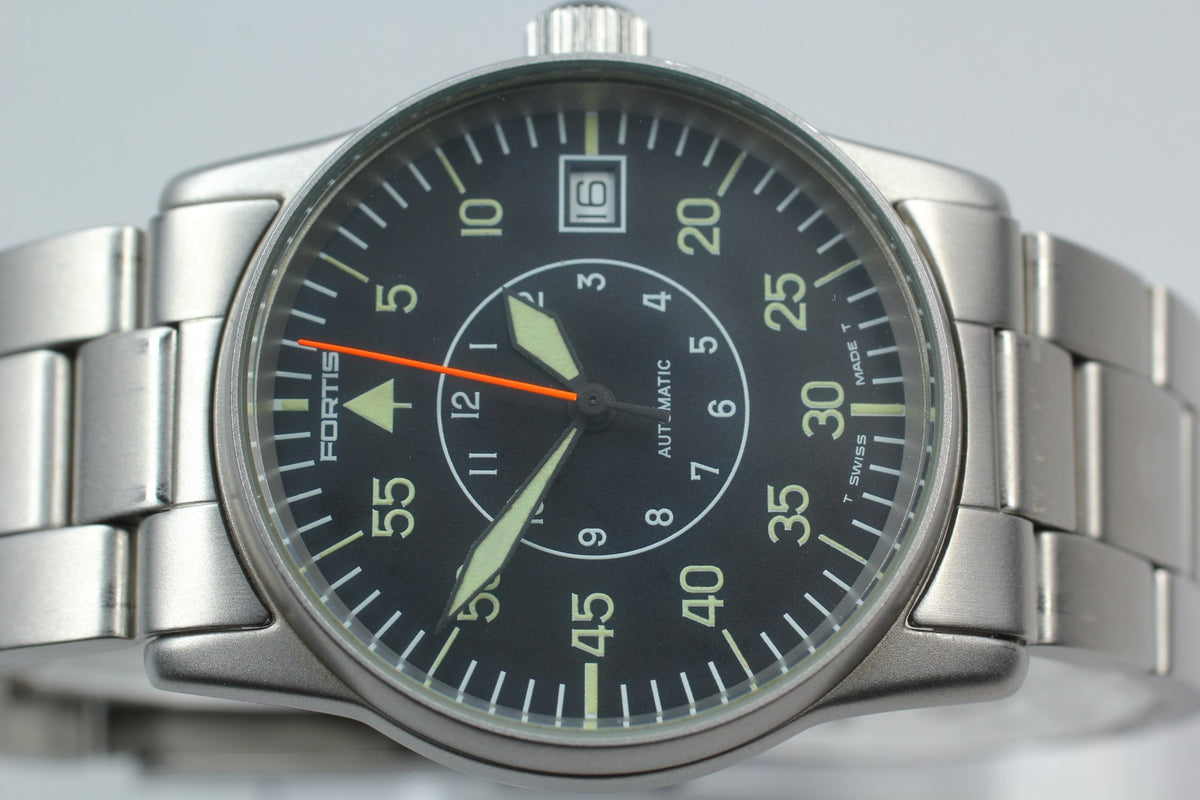 FORTIS Flieger 620.10.46 Automatic Black Men's Date Watch 34mm JAPAN Exc+5*Box