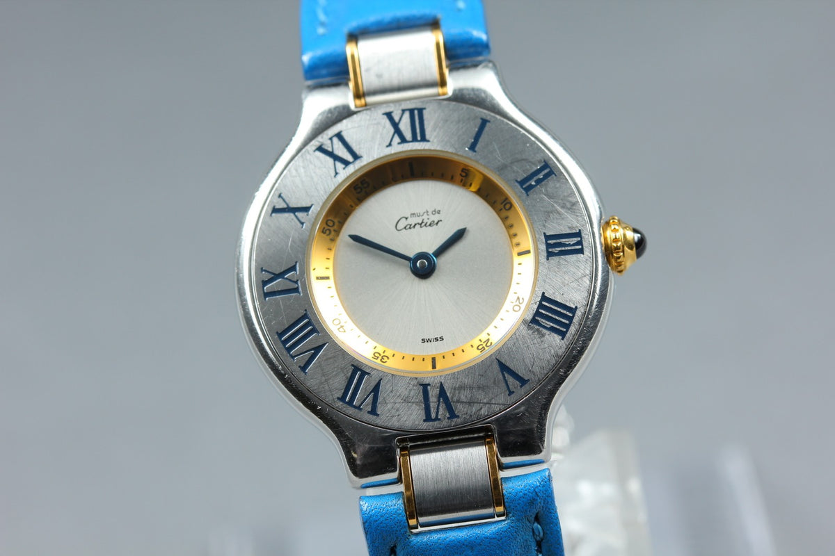 Cartier Must de Cartier 21 1340 Blue Silver 27mm Women's Qz Watch Vintage Pouch