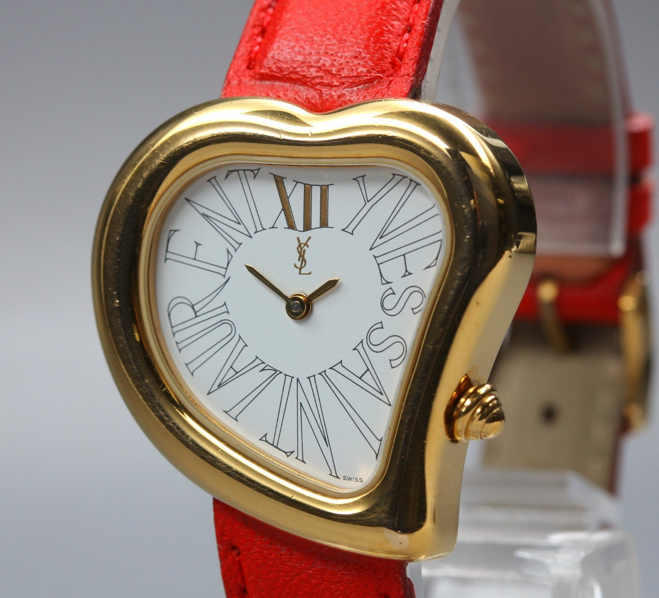 Yves Saint Laurent Heart Gold Red Leather 30mm Women's Watch Quartz Vintage
