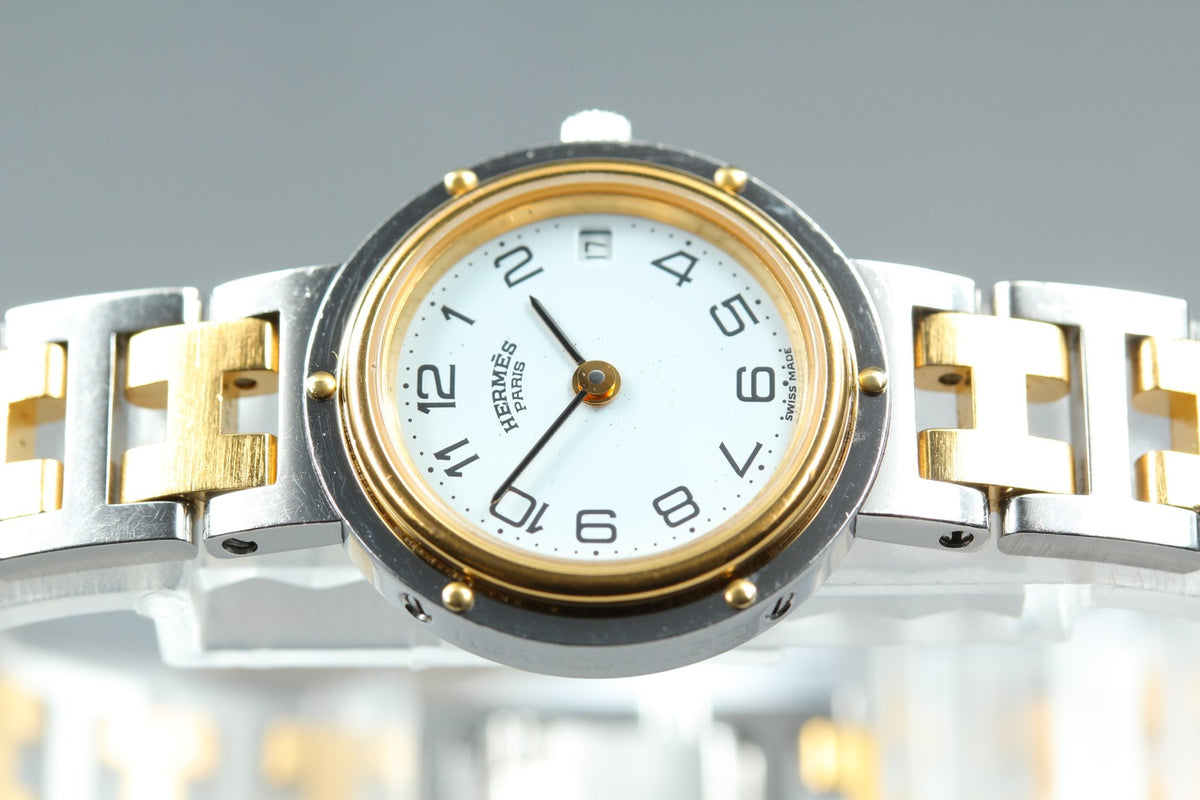 HERMES Clipper White Dial Gold Bracelet 24mm Woman's Quartz Watch Vintage