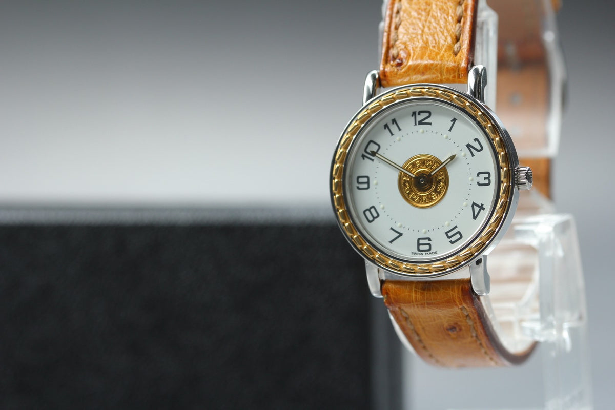 HERMES Sellier SE4.220 White Dial Brown 24mm Woman's Quartz Watch Vintage