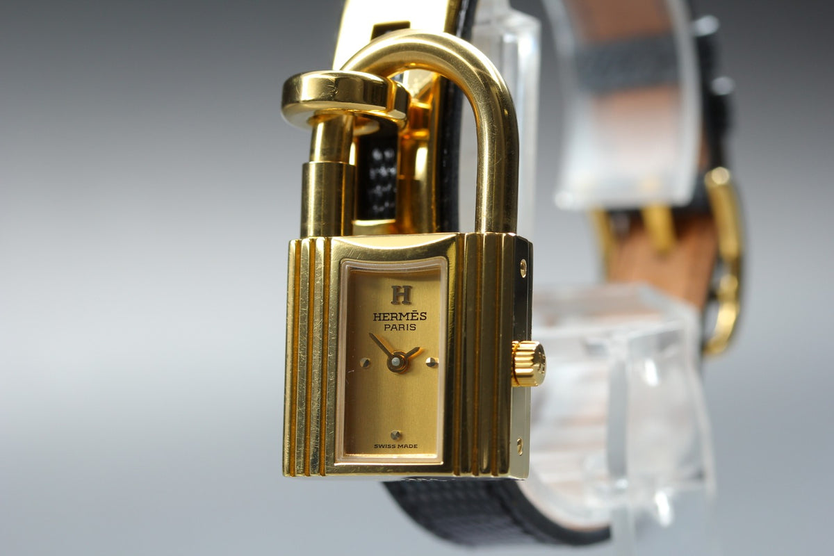 HERMES Kelly Watch Gold Black Leather "=" Woman's Quartz Watch Vintage