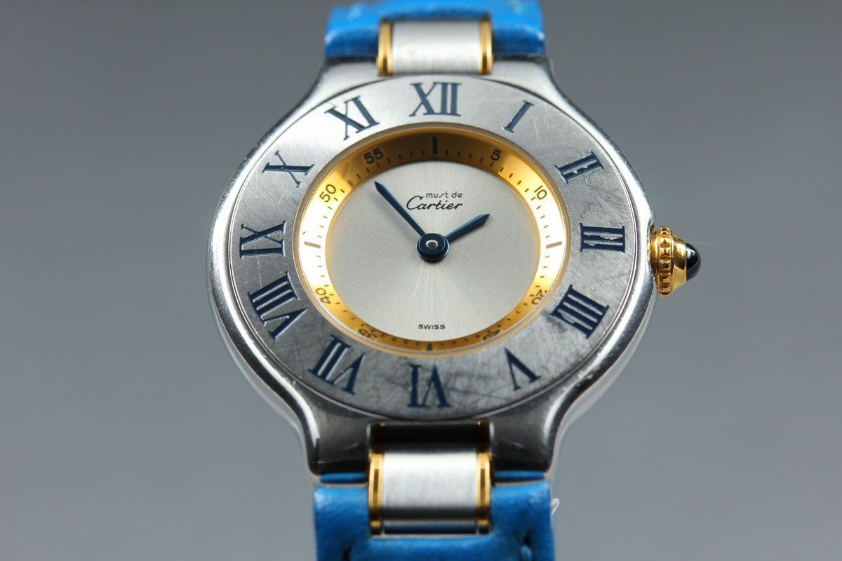 Cartier Must de Cartier 21 1340 Blue Silver 27mm Women's Qz Watch Vintage Pouch