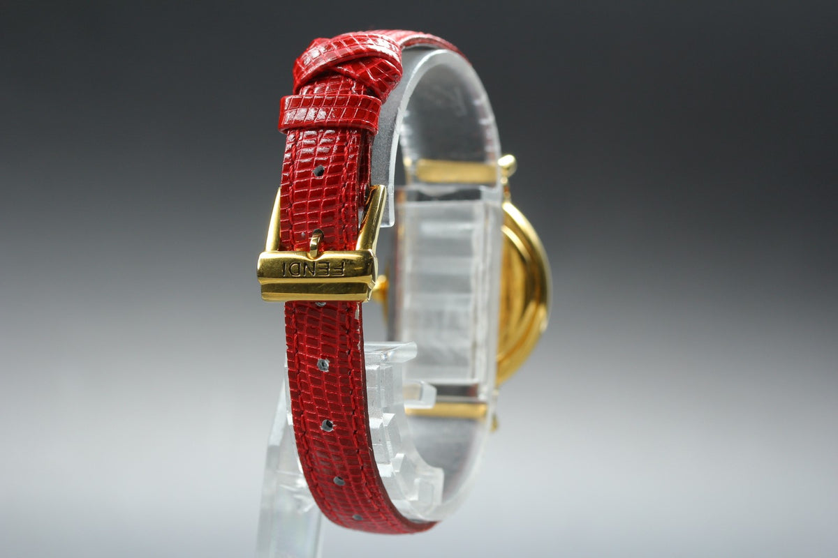 FENDI 640L Chameleon Red Leather Belt Gold 24mm Women's Quartz Watch Vintage