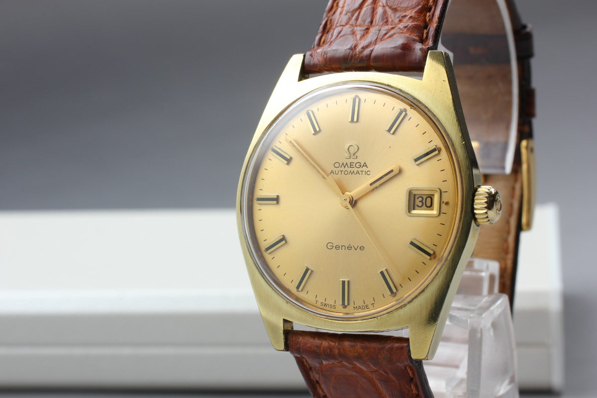 OMEGA Geneve 166.041 Cal.565 Date Gold Brown 34mm Automatic Men's Watch Vintage