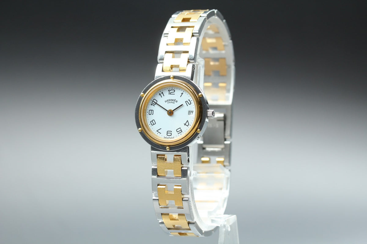 HERMES Clipper White Dial Gold Bracelet 24mm Woman's Quartz Watch Vintage
