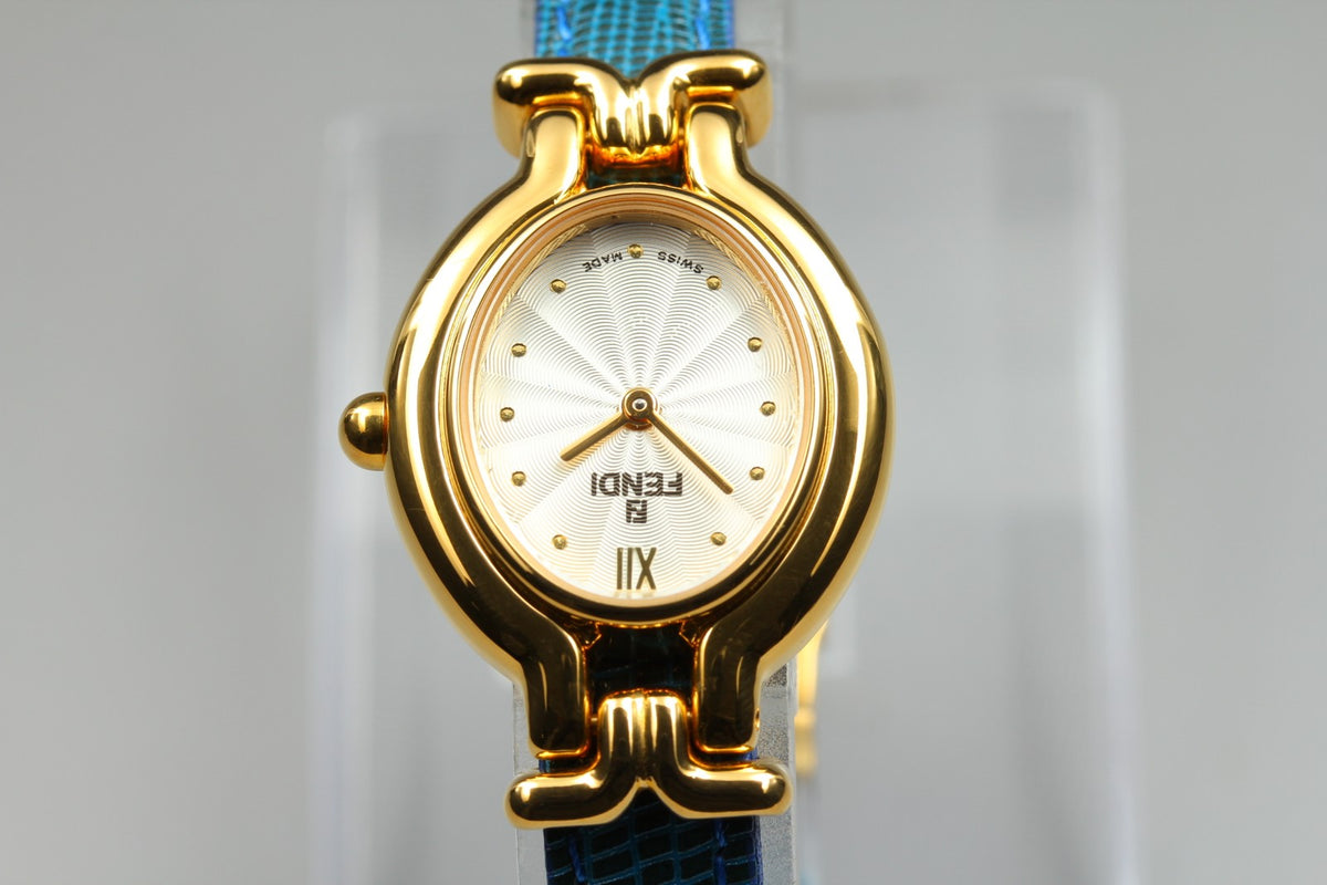 FENDI 640L Chameleon Blue Leather Belt Gold 24mm Women's Quartz Watch Vintage