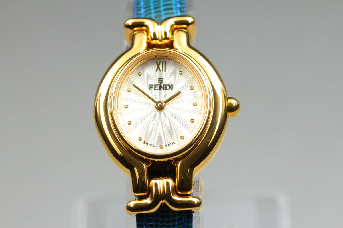 FENDI 640L Chameleon Blue Leather Belt Gold 24mm Women's Quartz Watch Vintage
