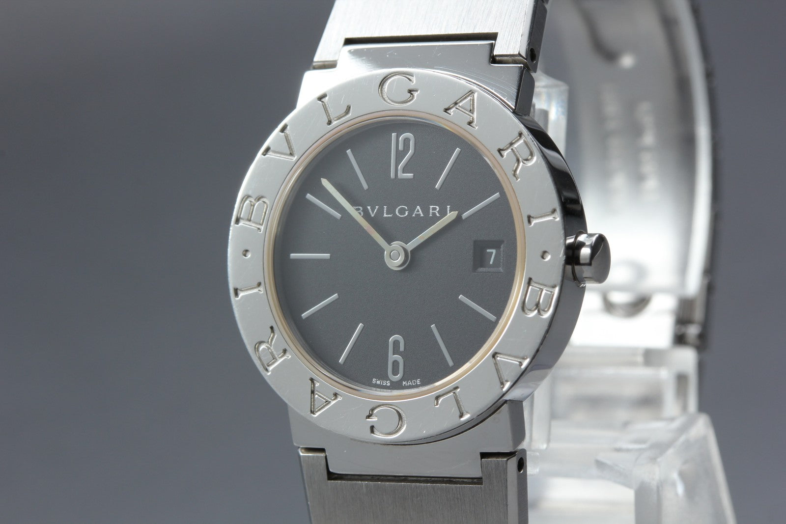 New Batt BVLGARI BB26SS Black Dial Quartz Date Women's Watch 26mm Used JAPAN