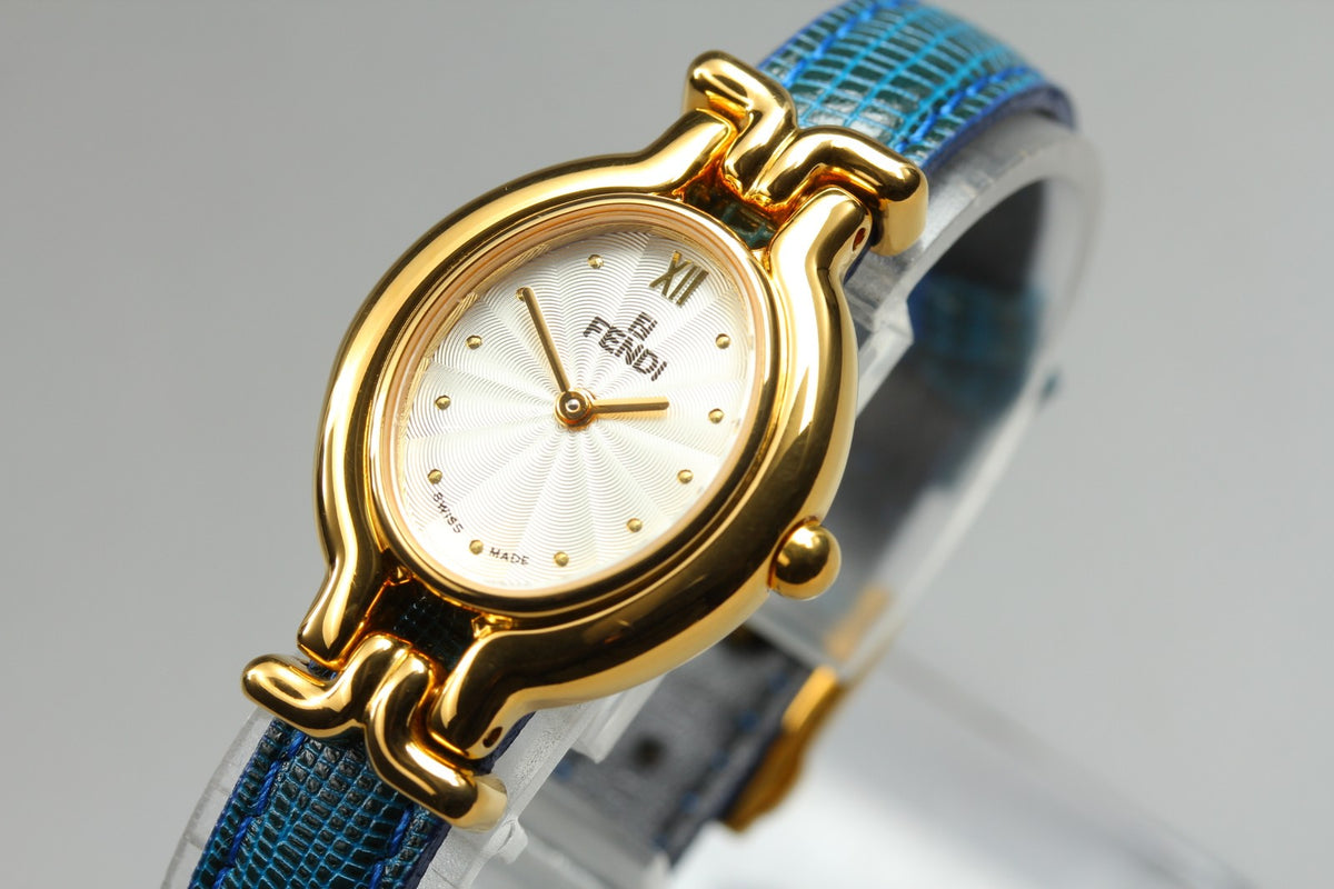 FENDI 640L Chameleon Blue Leather Belt Gold 24mm Women's Quartz Watch Vintage