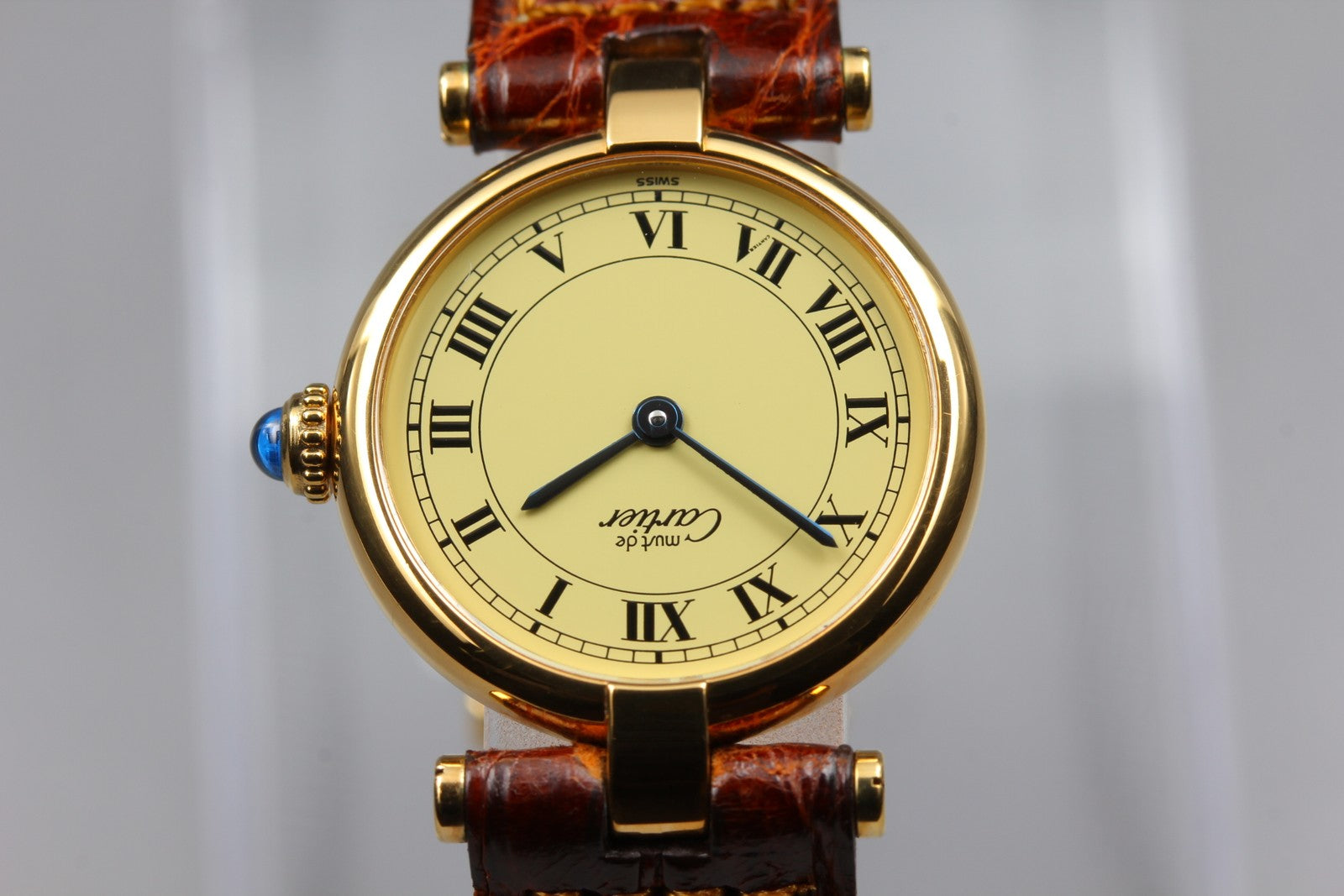 Vintage Cartier Must Vendome Vermeil 590004 Gold 23mm Brown Women's Qz Watch