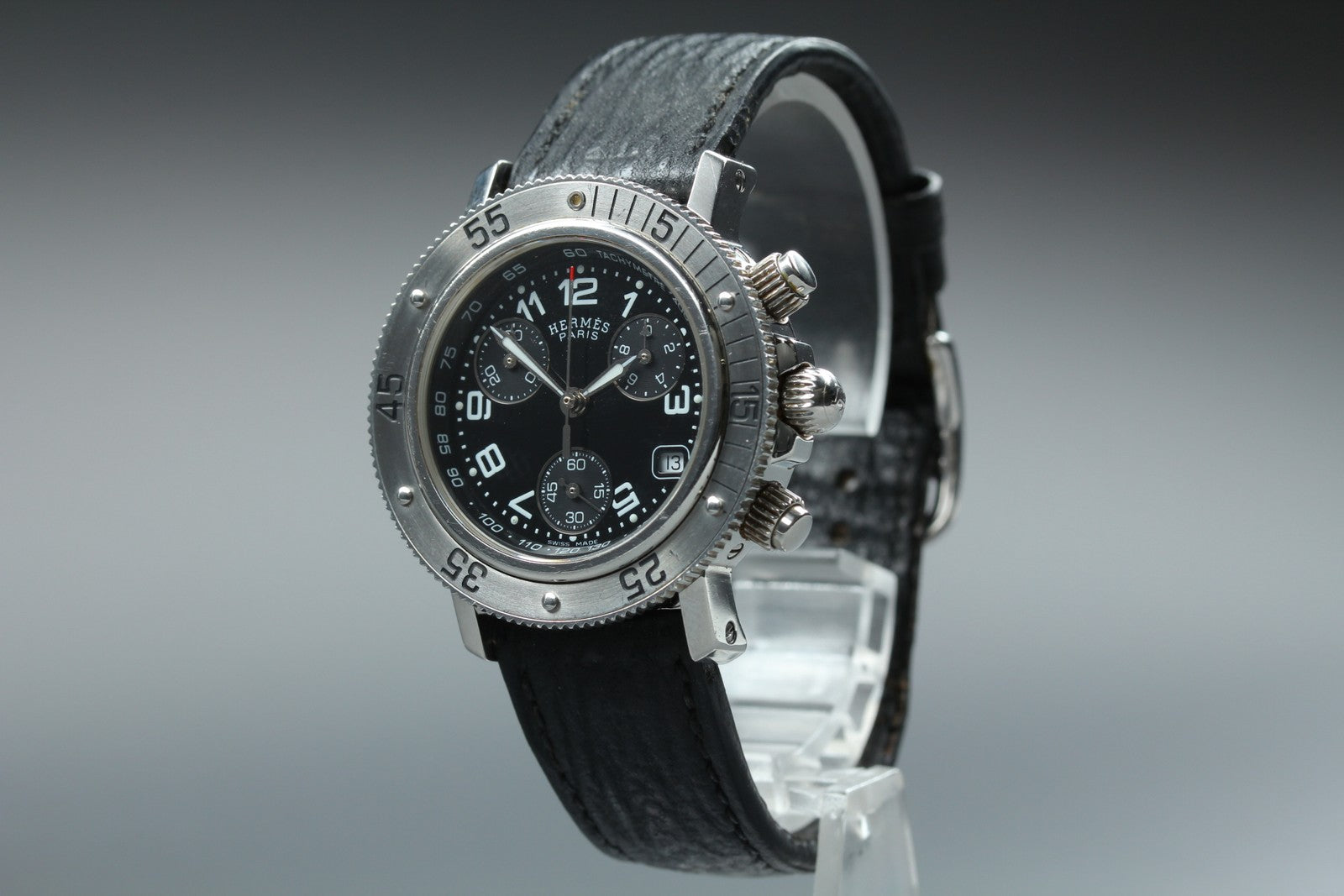 HERMES Clipper CL2.310 Quartz Black Chronograph Women's Watch 33mm Japan Box