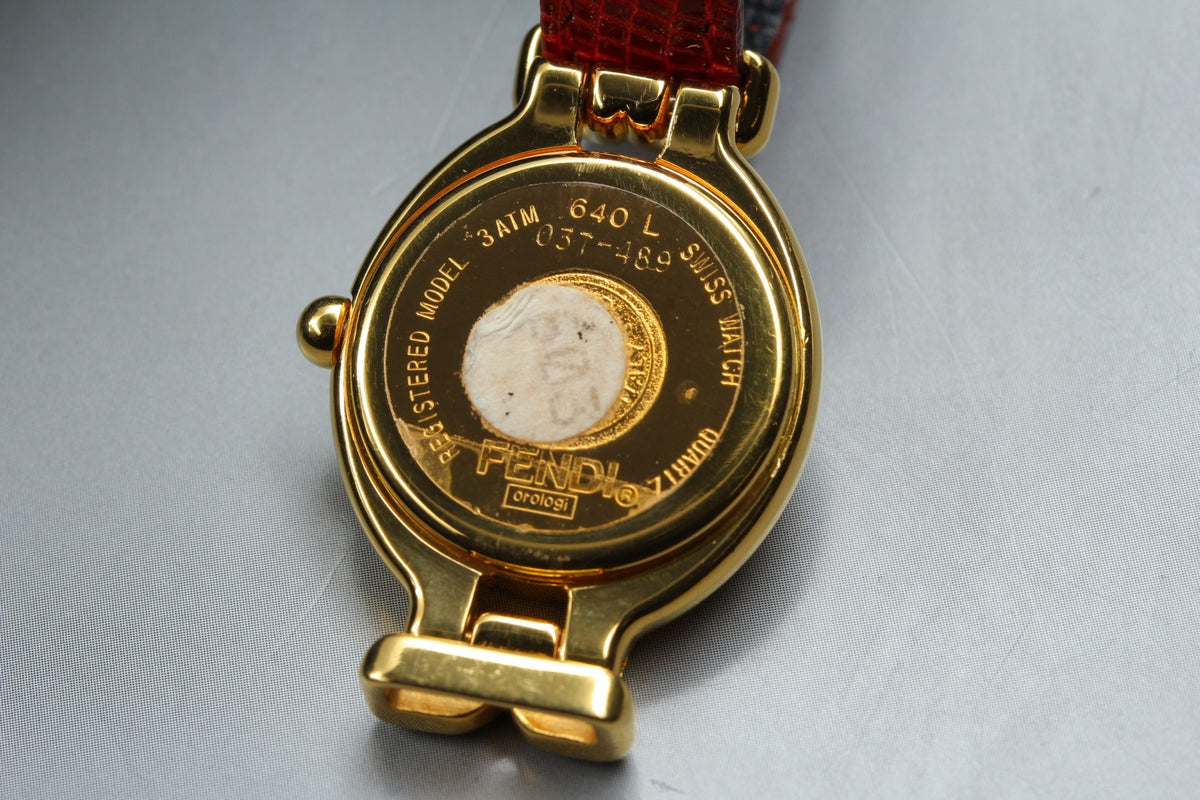 FENDI 640L Chameleon Red Leather Belt Gold 24mm Women's Quartz Watch Vintage
