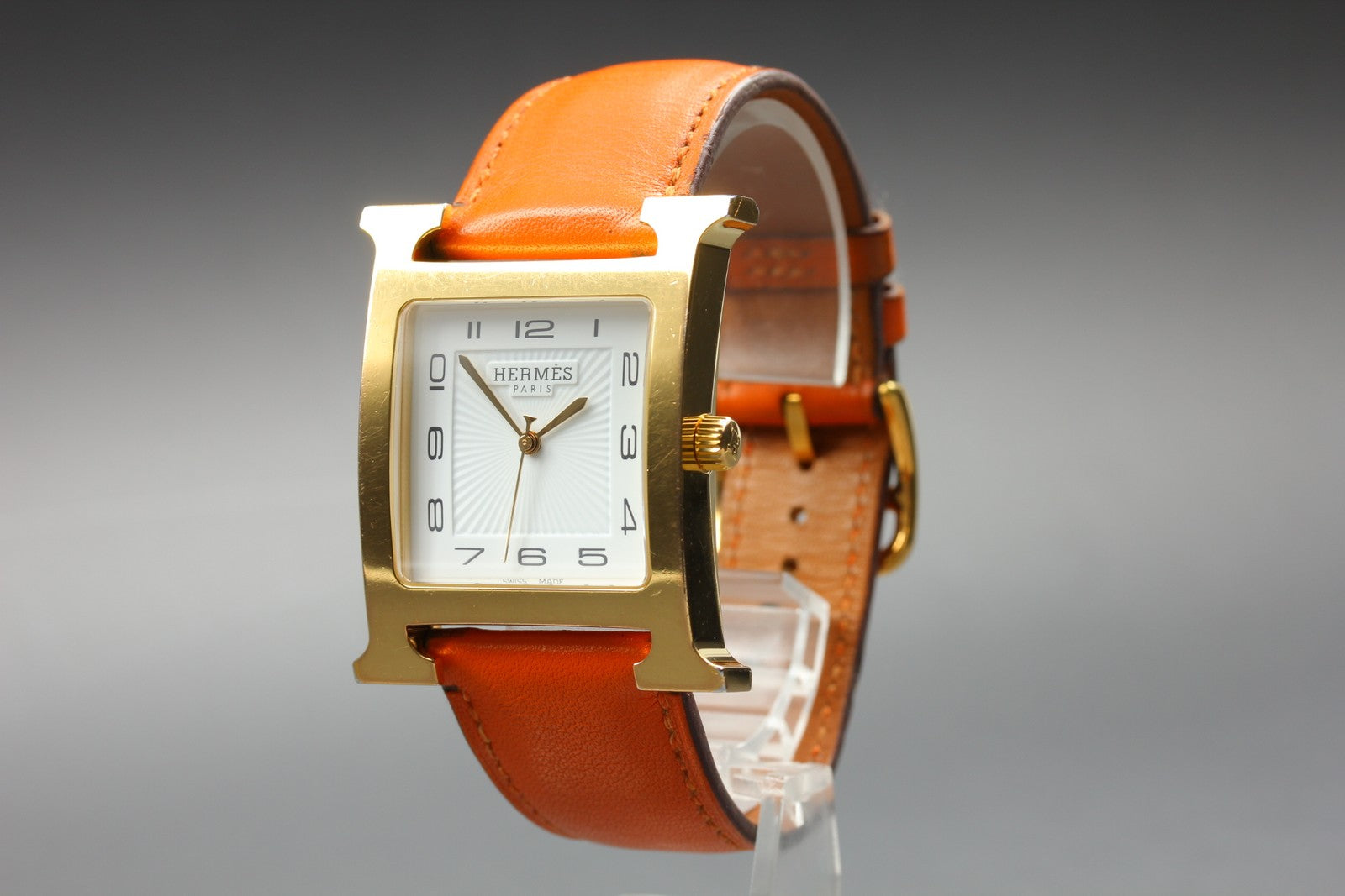 HERMES H Watch HH1.801 White Dial Gold Orange Leather Man's Watch Quartz