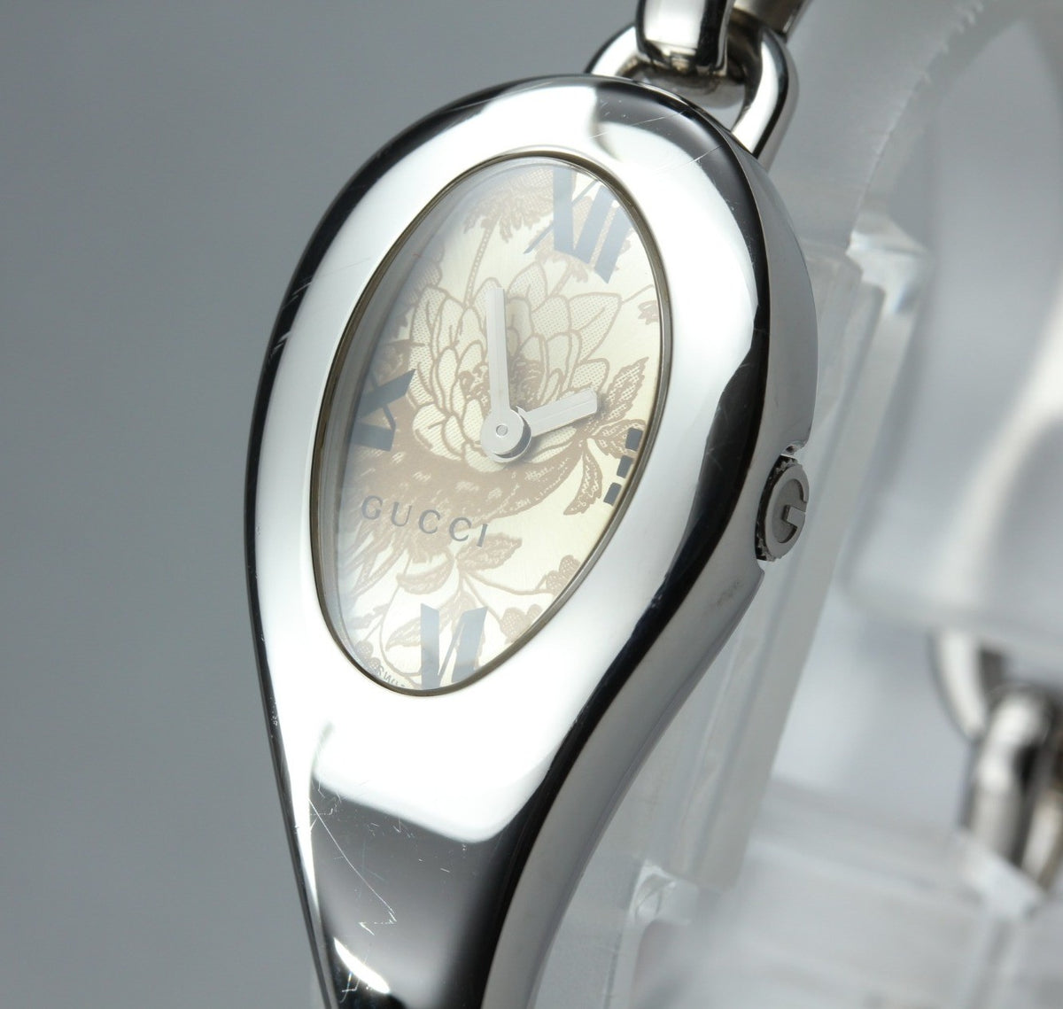 GUCCI 103 Champagne Floral Dial Silver Quartz 21 mm Bangle Women's Watch